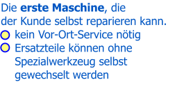 Die erste Maschine, die der Kunde selbst reparieren kann.    kein Vor-Ort-Service nötig    Ersatzteile können ohne    Spezialwerkzeug selbst     gewechselt werden